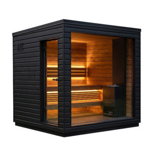 SaunaLife G6 outdoor sauna with black exterior and illuminated wood interior