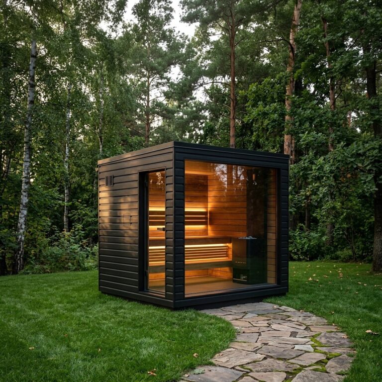 SaunaLife G6 outdoor sauna in backyard