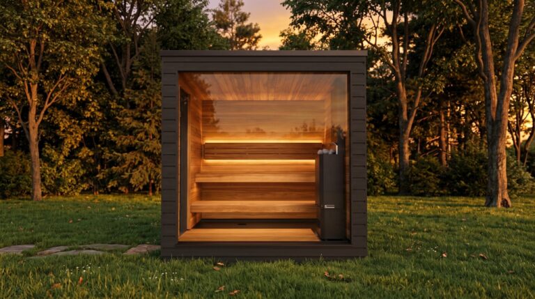 SaunaLife G6 outdoor sauna with panoramic glass front