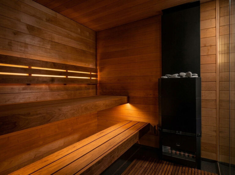 SaunaLife G6 sauna interior with wood bench, LED lighting, and sauna heater