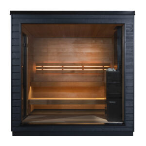 SaunaLife G6 outdoor sauna front view with illuminated wood interior
