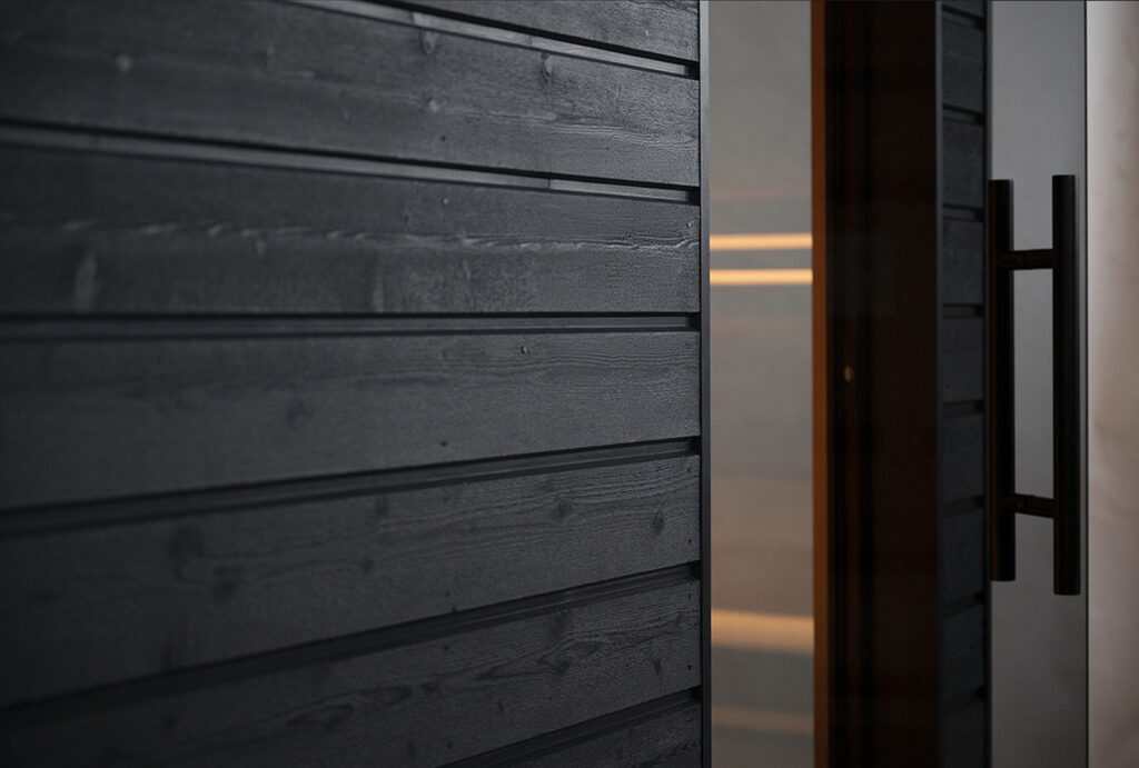SaunaLife G6 outdoor sauna black wood exterior and glass door detail