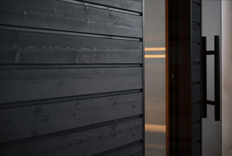 SaunaLife G6 outdoor sauna black wood exterior and glass door detail