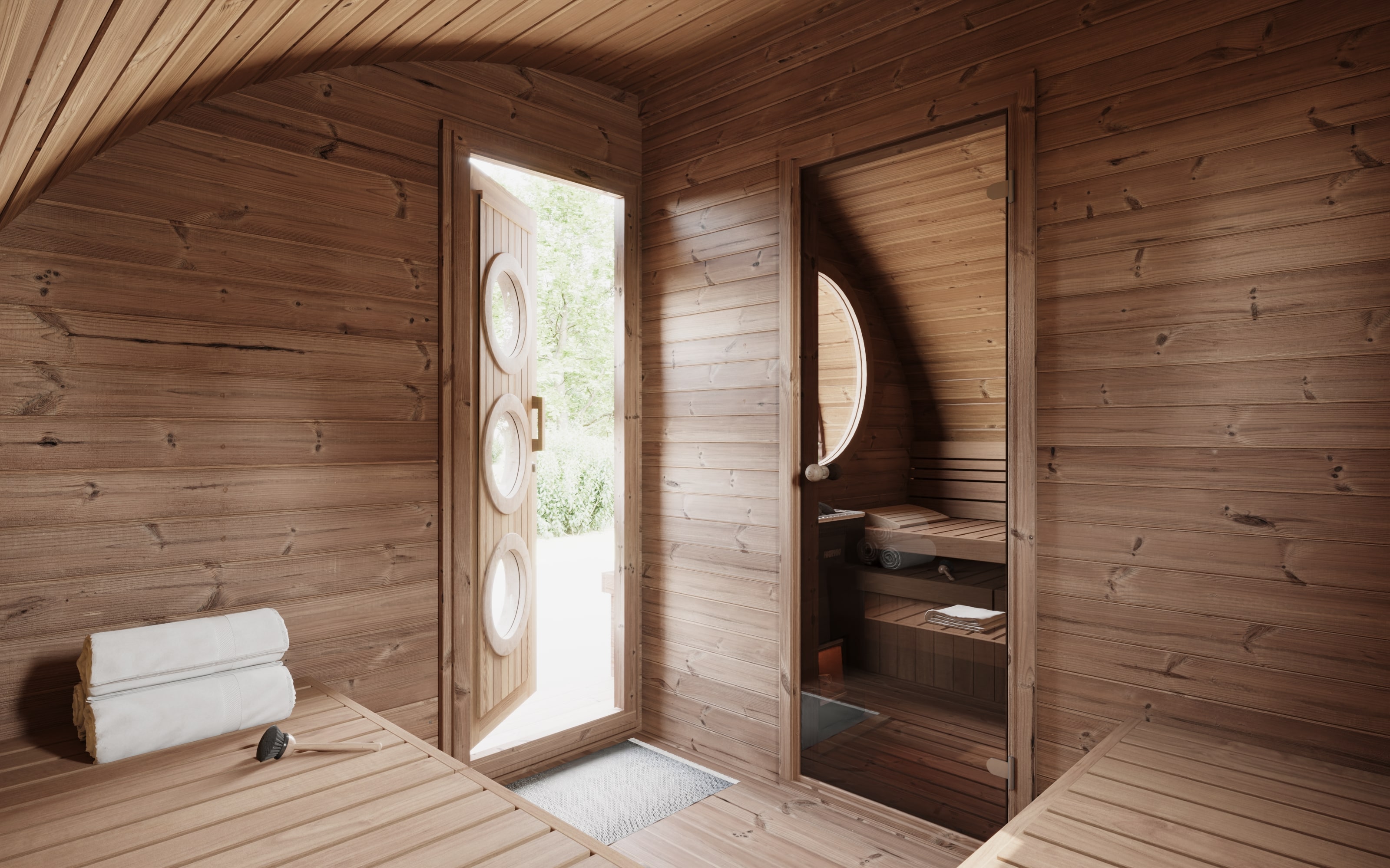 SaunaLife G11 outdoor sauna interior — sauna room with L-shaped benches and bronze glass divider