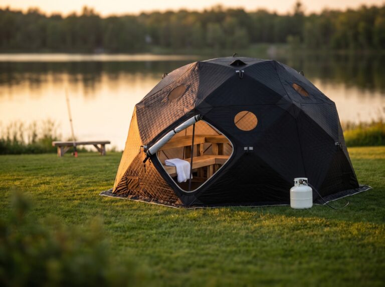 SaunaTrekker XL sauna tent beside a lake