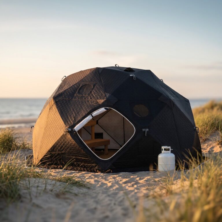 SaunaTrekker XL outdoor sauna tent at sunset